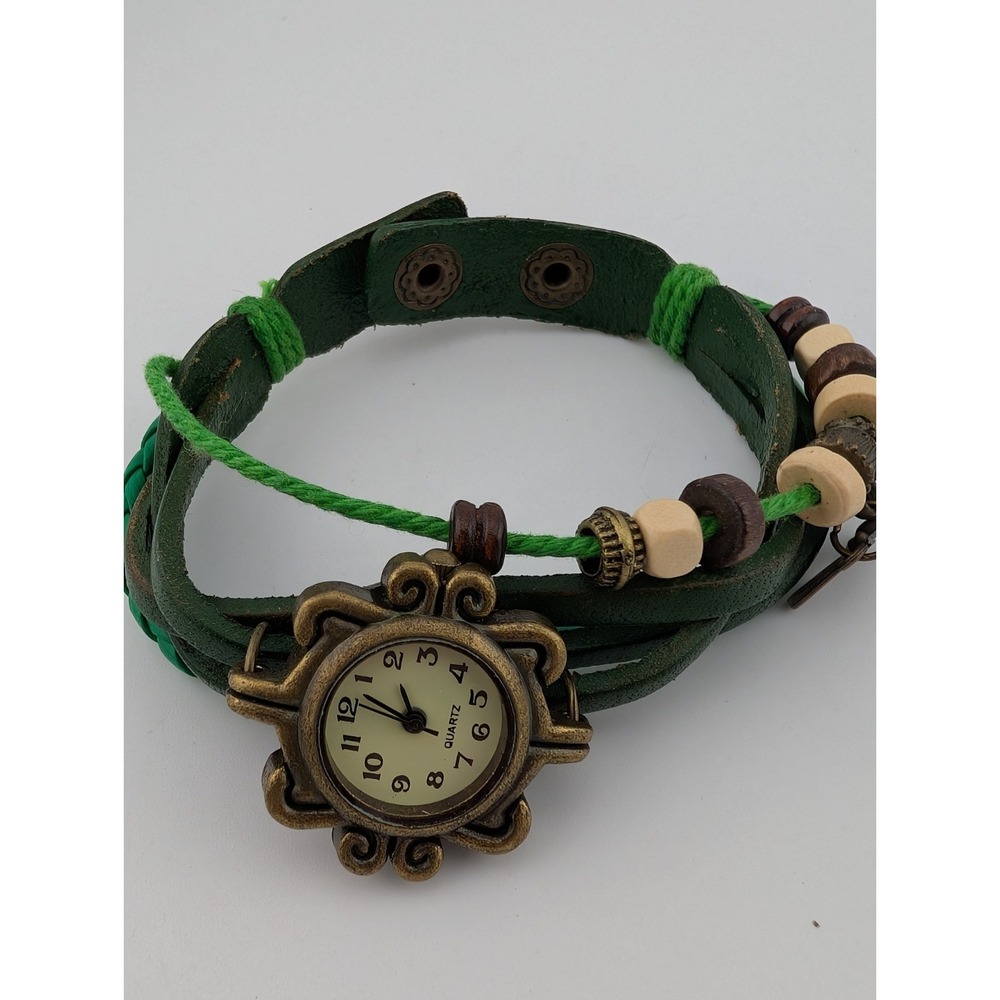 Multi Layer Braided Leather Wrap Watch Charm Green Leather Band- New Battery